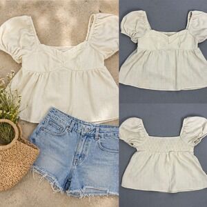 Cottagecore Textured Peplum Blouse Smocked Puff Sleeve Milkmaid Babydoll Women M